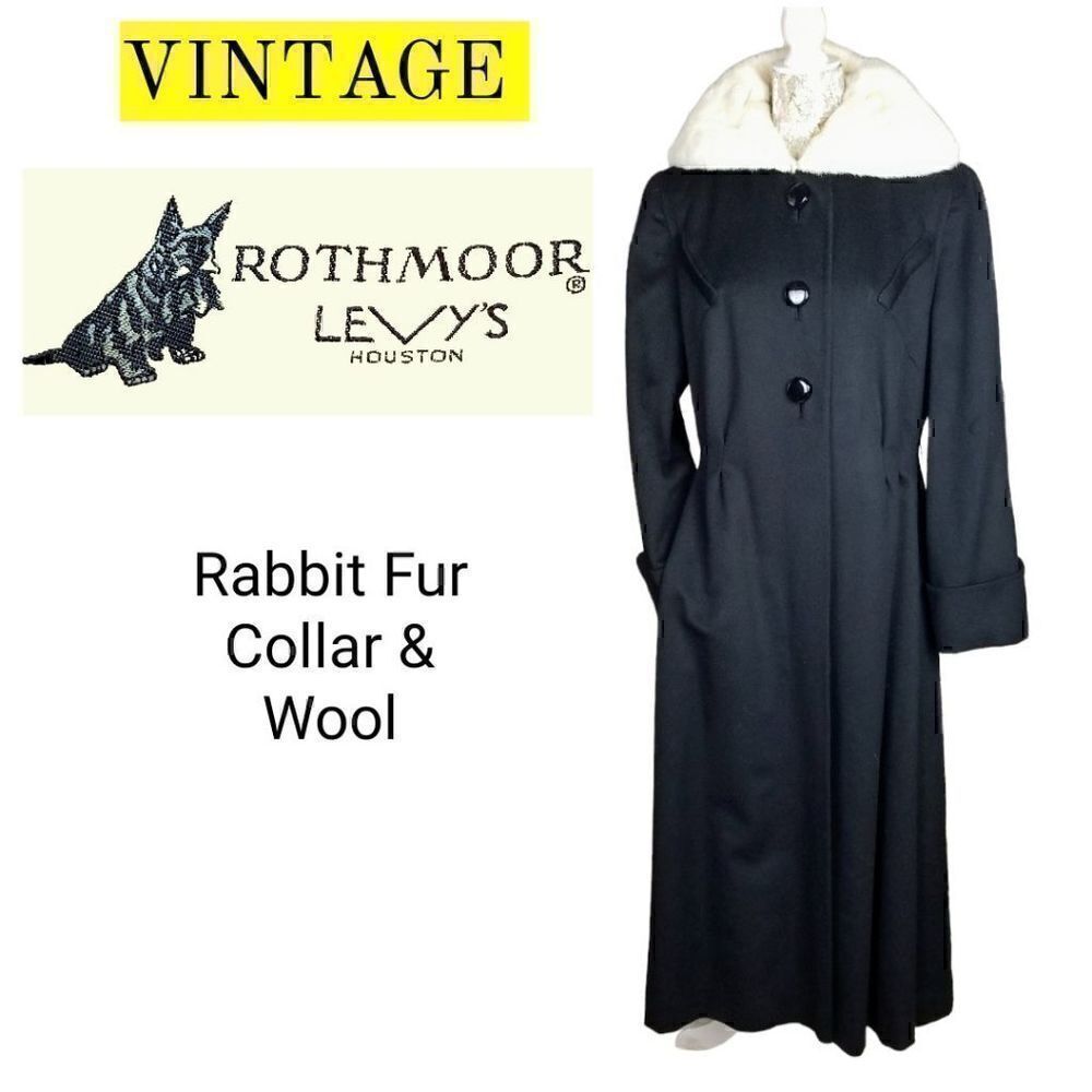 VTG 1930s Rothmoor Levy's Rabbit Fur Collar Black Wool Long Coat L XL